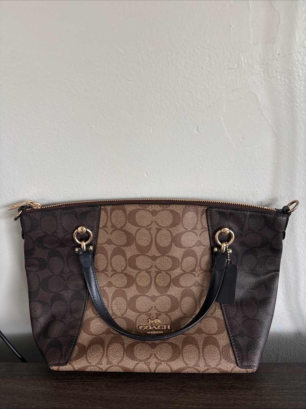 Coach Two-Tone Brown Signature Canvas Tote with Leather Trim